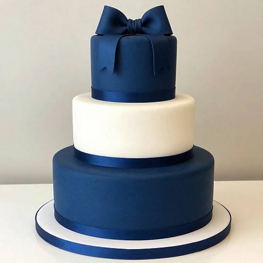 Photograph of a three-tiered cake with alternating navy blue and white fondant, topped with a large navy blue bow.