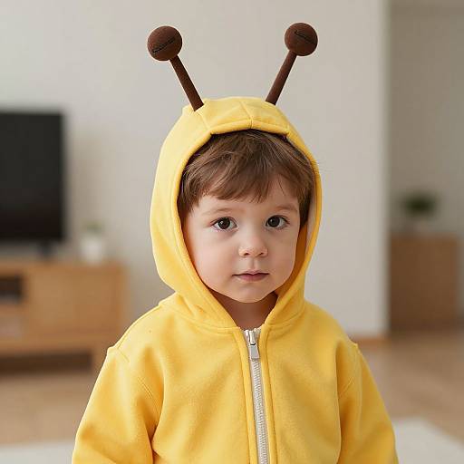 Photograph of a young boy with fair skin and brown hair, wearing a yellow hooded onesie with brown antennae, standing in a bright,
