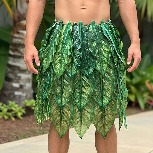 Photograph of a man's torso wearing a green, leaf-leafed hula skirt, set against a background of tropical plants and a palm tree