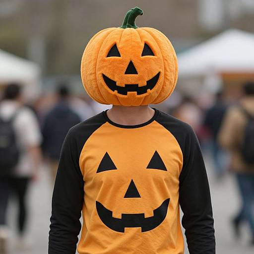 Photograph of a person wearing an orange pumpkin mask and a black-and-orange raglan shirt, standing in a blurred outdoor market.