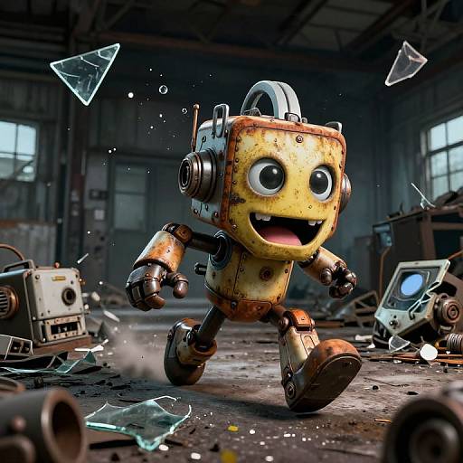 CGI image of a cheerful, rusty, yellow robot with large eyes, running in a dark, abandoned warehouse, surrounded by broken glass and scattered electronics
