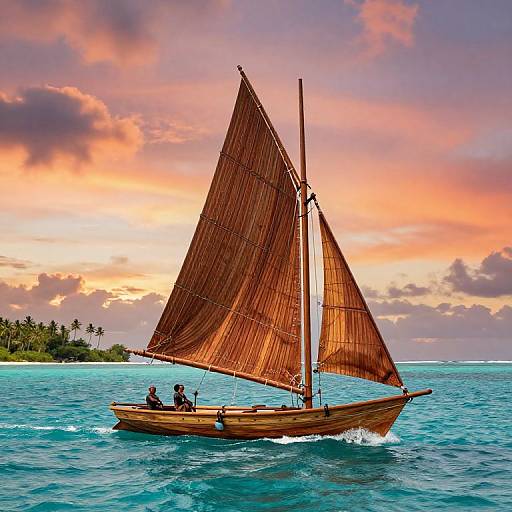 Photograph of a wooden sailboat with two people on board, brown sails, turquoise ocean, and a vibrant sunset with pink and orange clouds, against