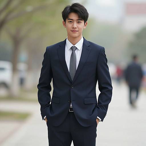 Photograph of a young Asian man with short black hair, wearing a dark navy suit, white shirt, and gray tie, standing confidently on a blurred