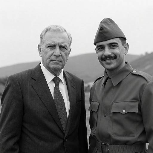 Black and white portrait of businessman and soldier outdoors