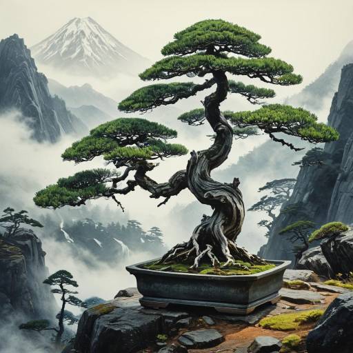 Ancient Bonsai Tree on Misty Japanese Mountain Slopes