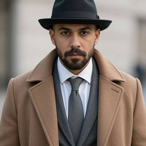 Photograph of a bearded Middle Eastern man with dark eyes, wearing a black hat, brown overcoat, gray suit, white shirt, and gray