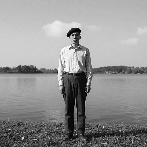 Man on Hill by Calm Lake