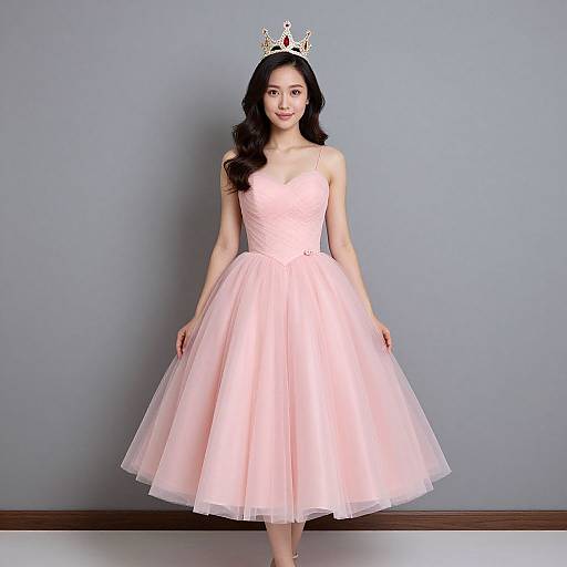 Photograph of an Asian woman with long black hair, wearing a pink, sleeveless, tiered tulle dress and a silver tiara, standing