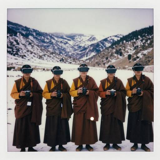 Photograph of five Tibetan monks in brown and yellow robes, black hats, holding cameras, standing in a snowy mountain landscape.