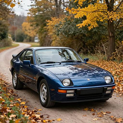 Photograph of a shiny blue, vintage sports car with round headlights on a leaf-covered dirt road, surrounded by autumn trees with yellow and brown leaves.