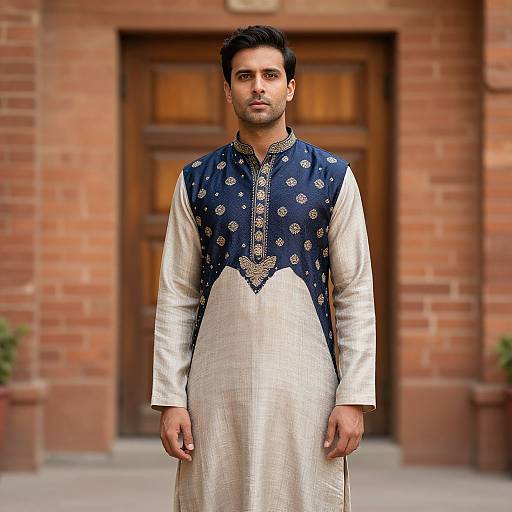 Photograph of a handsome South Asian man with short black hair, wearing a traditional navy blue and white sherwani with intricate embroidery, standing in front