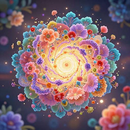 Vibrant digital artwork of a glowing, colorful flower mandala with pink, blue, and purple petals radiating from a bright, central light against