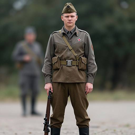 Photograph of a young, serious-looking white male soldier in WWII-era German uniform, holding a rifle, standing in front of blurred background with another soldier