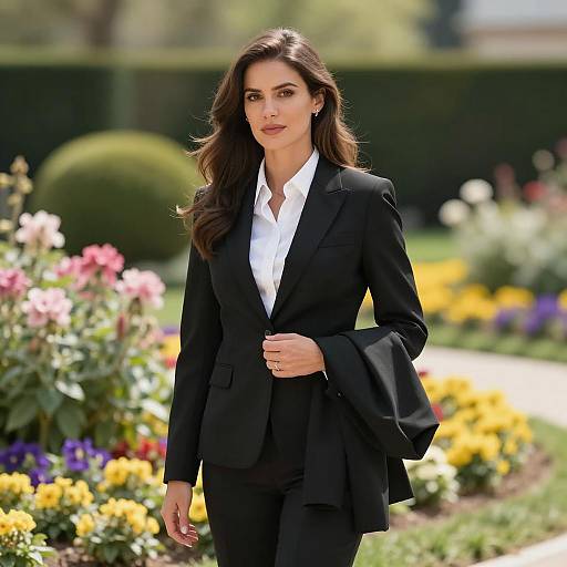 Confident Woman in Black Suit in Garden
