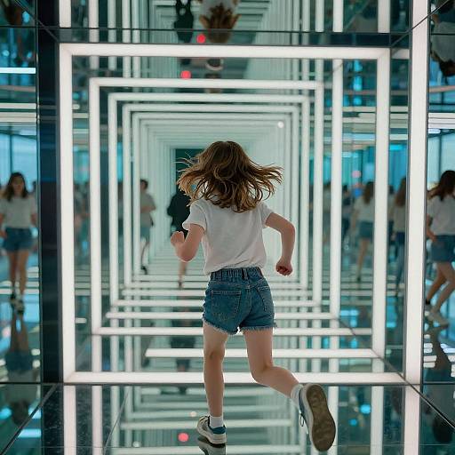 Photograph of a young girl in white T-shirt and denim shorts, running toward a bright, geometric, neon-lit tunnel in a modern, reflective