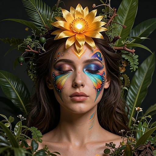 Photograph of a woman with vibrant, multicolored face paint, wearing a golden flower headpiece, surrounded by lush green foliage.