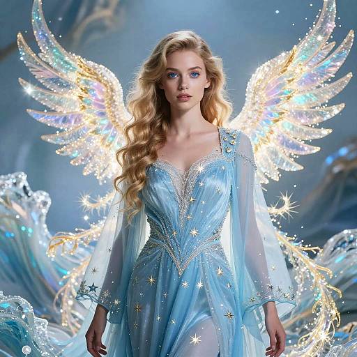 Woman in Starry Blue Dress with Angelic Wings