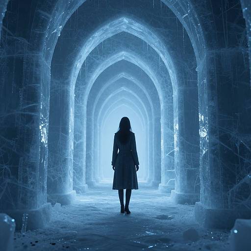 Silhouetted woman in a long coat walks through a glowing, icy, blue-lit stone archway tunnel, illuminated from the distant end.