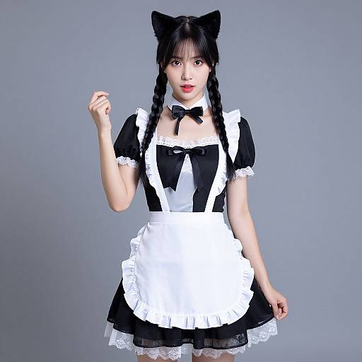 Photograph of an Asian woman in a black and white cat maid costume with braided hair, cat ears, and lace stockings.