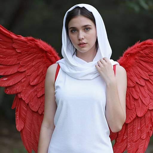 Photograph of a young woman with fair skin, dark hair, and red angel wings, wearing a white hooded dress, standing against a dark green