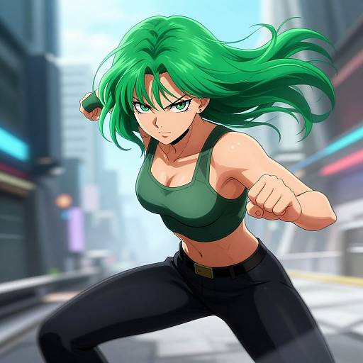 Digital anime-style drawing of a green-haired, green-eyed woman in a black sports bra and black pants, fighting stance in a neon-lit urban street
