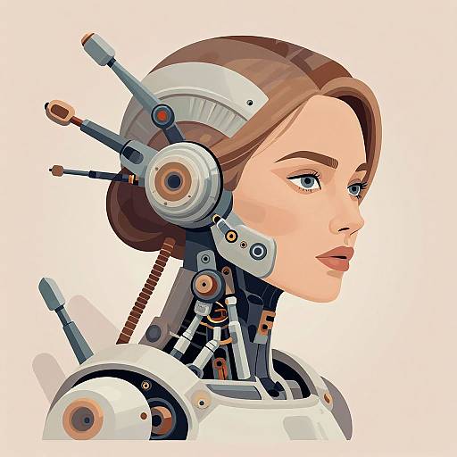 Digital illustration of a woman with cybernetic headgear, featuring mechanical parts and wires, with a focused expression on a white background.