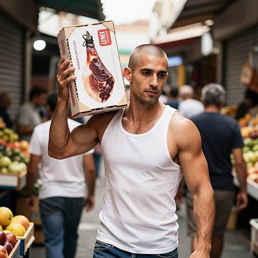 Muscular Man in Bustling Market Scene