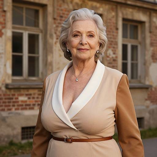 Photograph of an elderly white woman with short gray hair, wearing a beige blouse with white trim and brown belt, standing in front of a weathered