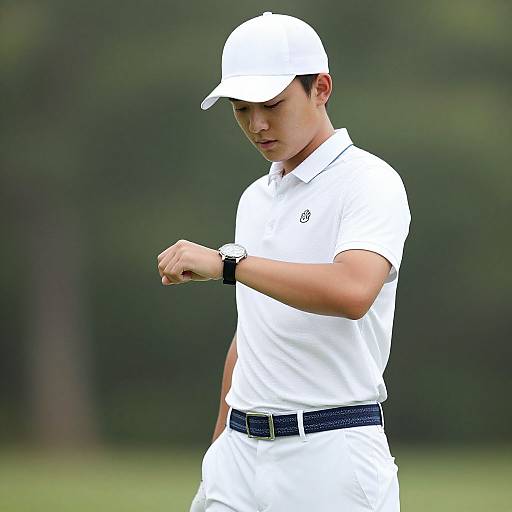 Photograph of an Asian male golfer in a white polo and cap, adjusting his wristwatch on a green golf course.