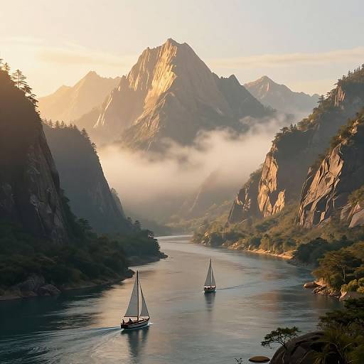 Photograph of a serene mountain river at sunrise, with three sailboats gliding through misty, sunlit peaks and lush greenery.