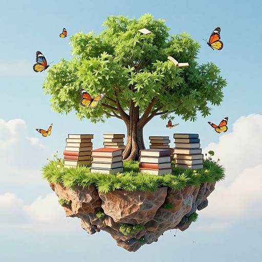 Digital illustration of a floating island tree with stacked books, surrounded by vibrant butterflies, on a clear blue sky background.