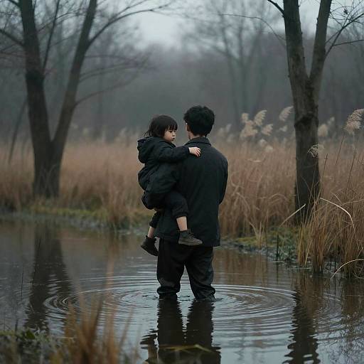 Man Carrying Child in Flooded Forest