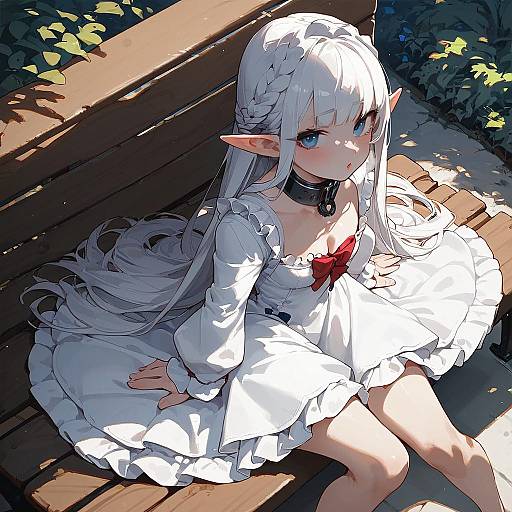 White-Haired Elf Girl Sitting on Bench