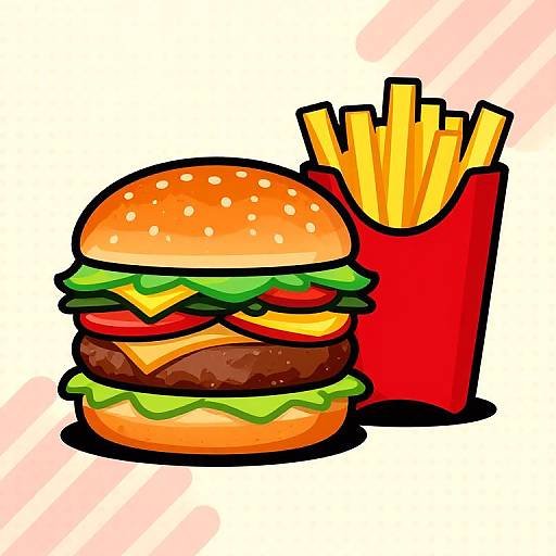 Colorful cartoon illustration of a cheeseburger with lettuce, tomato, cheese, and a beef patty, next to a red paper cup of French fries