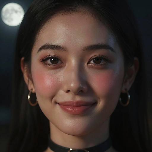 Photograph of a young Asian woman with fair skin, dark hair, brown eyes, subtle pink blush, and hoop earrings, smiling softly against a dark