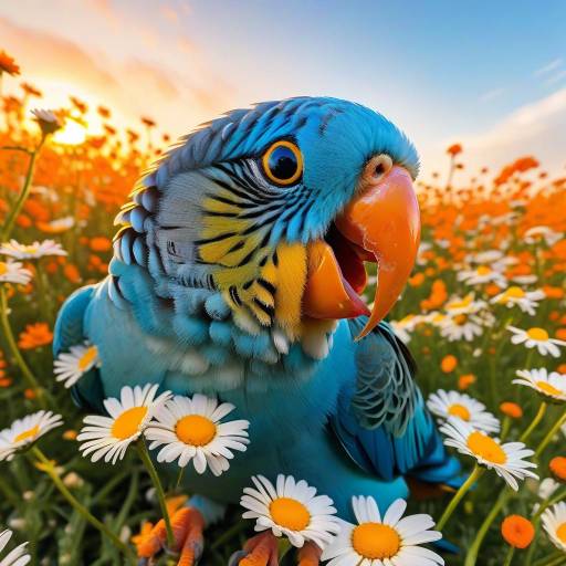 Playful Blue Parakeet in Daisy Field