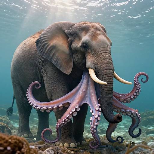 Photograph of a surreal underwater scene featuring a realistic elephant with large, pink, octopus-like tentacles emerging from its sides, standing on a rocky