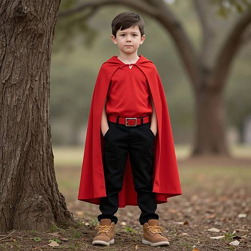 Photograph of a young boy with short black hair, wearing a red cape, black pants, and brown boots, standing by a tree in a park