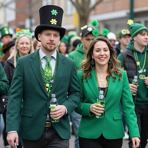 Photograph of a smiling man and woman in green outfits, black top hats with shamrocks, beaded necklaces, holding beer bottles, walking