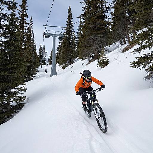 Photograph of a mountain biker in an orange jacket, black helmet, and gloves, riding a snowy, tree-lined ski slope with a ski lift