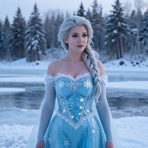 Photograph of a woman with long, braided white hair, wearing an off-shoulder, ice-blue, snowflake-embellished dress