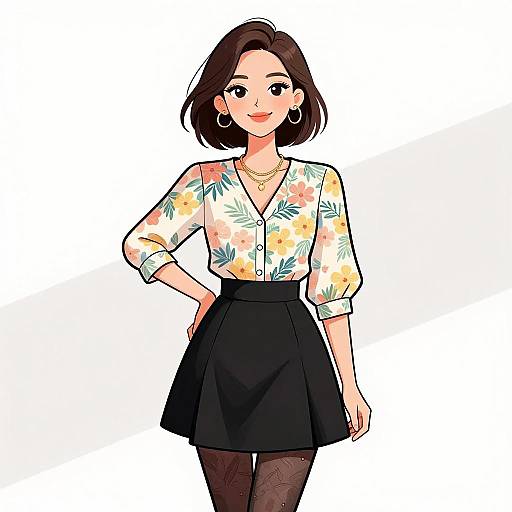 Digital anime-style illustration of a smiling woman with short brown hair, wearing a floral blouse, black skirt, black tights, and hoop earrings.