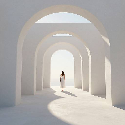 Photograph of a lone woman in a white dress walking through a bright, white, arched tunnel with multiple arches, casting long shadows.