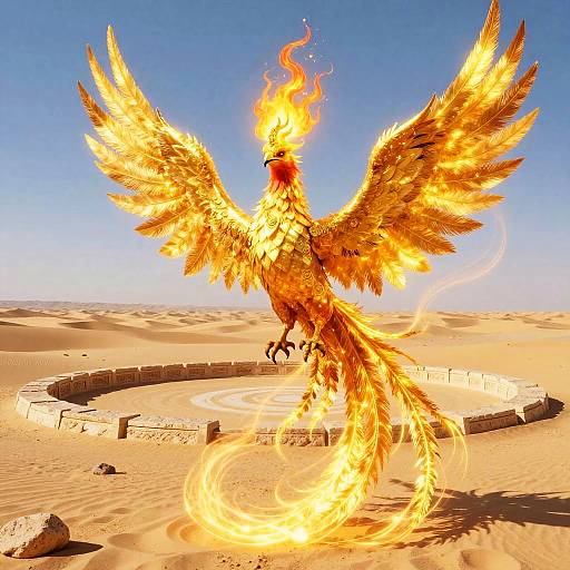Digital artwork of a fiery golden phoenix with wings spread, soaring above a desert with circular stone structures, under a clear blue sky.