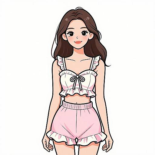 Digital anime-style drawing of a smiling young woman with long brown hair, wearing a white ruffled crop top and pink high-waisted shorts.