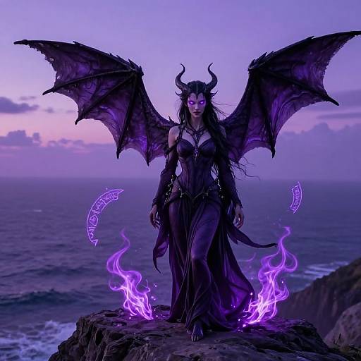 Digital artwork of a dark purple demoness with large bat wings, black horns, glowing purple eyes, and purple flames at her feet, standing on a