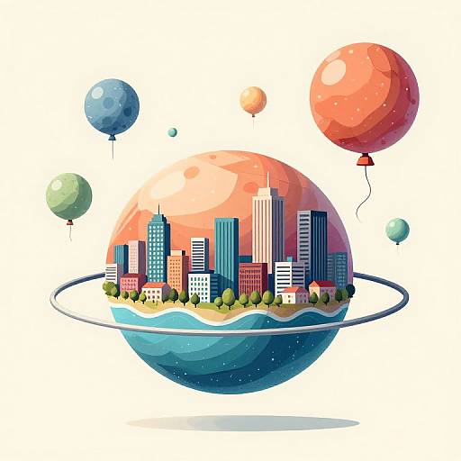 Digital illustration of a colorful planet with a city skyline, surrounded by floating balloons, rings, and water, set against a white background.
