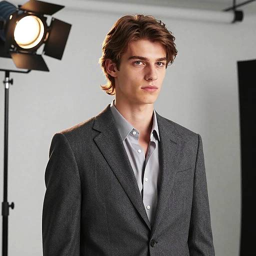 Photograph of a young Caucasian man with wavy brown hair, wearing a dark gray blazer over a light gray button-down shirt, standing in front