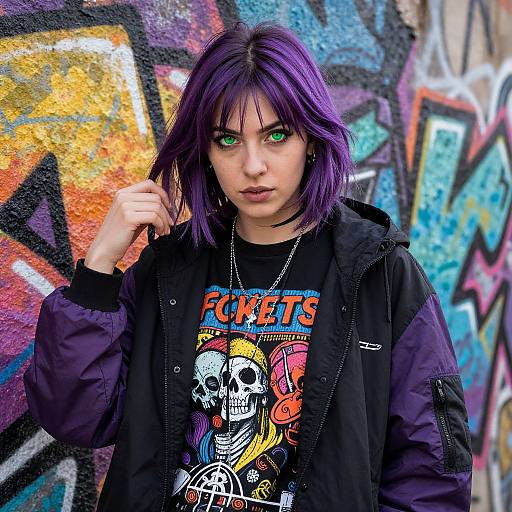 Photograph of a young woman with vibrant purple hair and green eyes, wearing a black jacket over a 