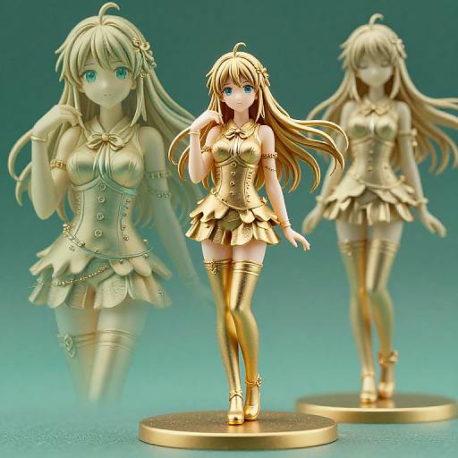 Digital CGI image of a golden anime-style figurine with long blonde hair, blue eyes, and a gold frilled dress, accompanied by two blurred,